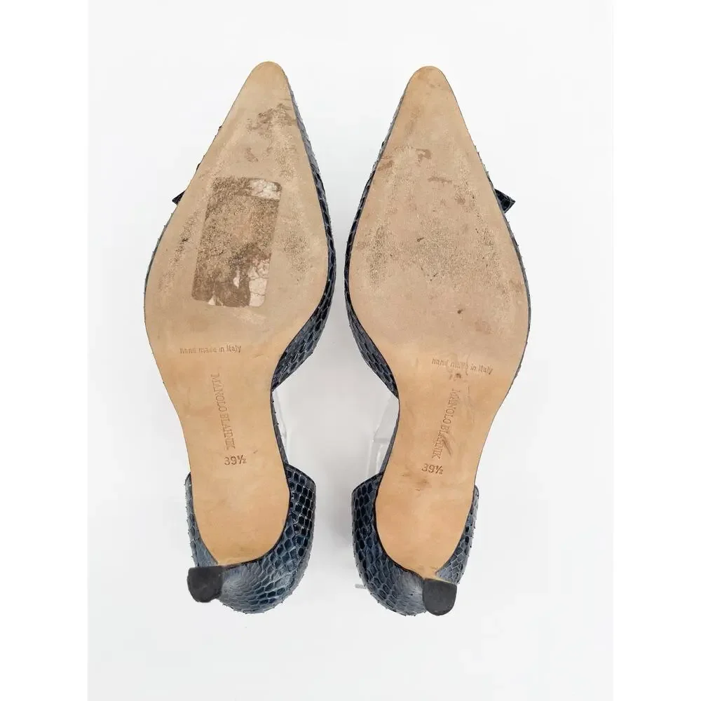 Manolo Blahnik Vintage Blue Python Snakeskin Buckle Pointed Toe Heels IT 39.5